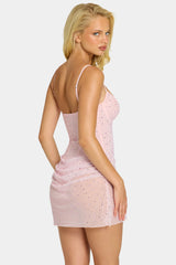 Semi-Sheer Embellished Draped Corset Mini Dress in Pink