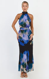 Nova Top - High Neck Georgette Top in Midnight Resort Orchid Print