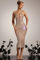 Embellished Plunge Midaxi Dress in Almond