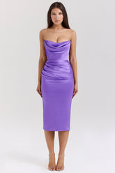 violet satin strapless corset midi dress