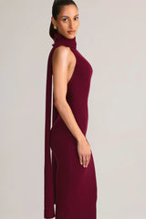 Rib-Knit Scarf-Detail Halterneck Maxi Dress in Wine