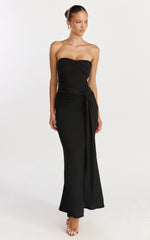 Aria Midi Dress - Strapless Tie Waist Dress in Black