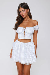 Candlelit Lovers Off Shoulder Gingham Crop Top Blue