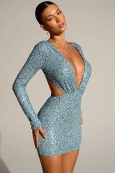 Embellished Cut-Out Mini Dress in Light Blue