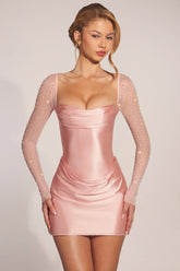 Embellished Long-Sleeve Draped Mini Dress in Blush Pink