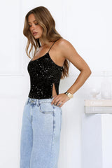 Sparkling Diamond Sequin Crop Top Black