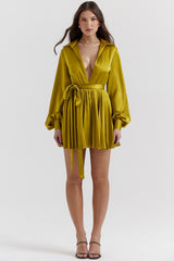 chartreuse pleated shirt dress