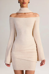 Knit Scarf-Detail Off-Shoulder Mini Dress in Cream