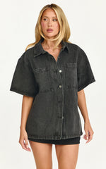 Iris Top - Oversized Recycled Denim Short Sleeve Shirt in Black