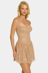 Embellished Strappy Skater Mini Dress in Almond