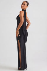 Asymmetric Scarf-Detail Maxi Dress in Black
