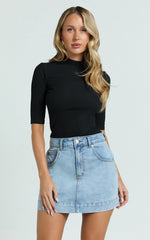 Tilda Top - High Neck Short Sleeve Fitted Top in Black
