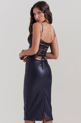 black vegan leather lace back dress