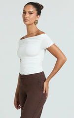 Gena Top - Off Shoulder Gathered Short Sleeve Top in Cream