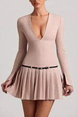 Long-Sleeve Pleated Mini Dress in Mushroom