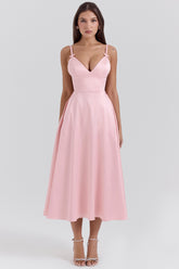 parisian pink satin a-line midi dress