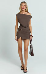Zareena Mini Dress - Tipped Shoulder Tuck Detail Split Leg Dress in Chocolate