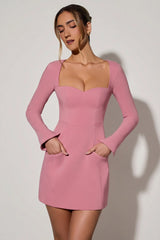 Sweetheart-Neck Long-Sleeve A-Line Mini Dress in Dusty Pink