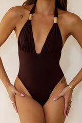 Slay The Party Halter Bodysuit Brown