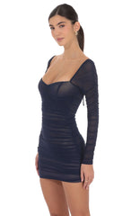 Mesh Long Sleeve Bodycon Dress in Navy