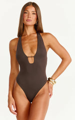 Ricki Bodysuit - Plunge T Bar Front Bodysuit in Chocolate