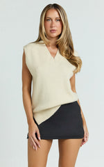 Chenelle Top - Sleeveless Knit Sweater Vest in Stone