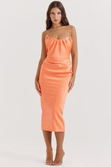 tangerine strapless corset midi dress