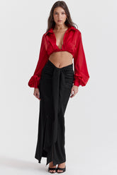 black draped silk maxi skirt