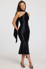 Asymmetric Scarf-Detail Midaxi Dress in Black