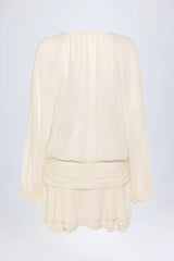 Lace-Up Balloon-Sleeve Mini Dress in Ivory