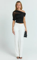 Sophia Top - Draped One Shoulder Mesh Overlay Top in Black