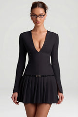 Long-Sleeve Pleated Mini Dress in Black