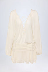 Lace-Up Balloon-Sleeve Mini Dress in Ivory