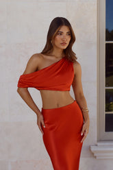 Indulgent Love Off Shoulder Satin Crop Top Red