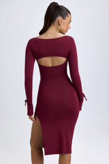Modal Square-Neck Long-Sleeve Midi Dress in Wine Red