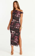 Nenita Midi Dress - One Shoulder Mesh Dress in Botanical Haze