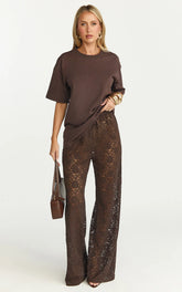 Roxy Pants - High Waist Lace Relaxed Drawstring Pants in Chocolate