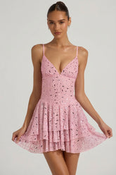 Embellished Ruffled Tiered Mini Dress in Pink