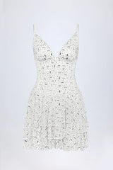 Embellished Ruffled Tiered Mini Dress in White