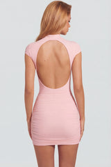 Jersey Turtleneck Ruched Backless Mini Dress in Pink