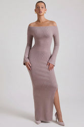 Ribbed-Knit Off-Shoulder Maxi Dress in Taupe