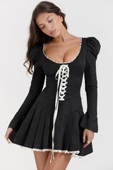 black & cream pleated mini dress