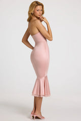 Satin Lace-Trim Bandeau Fluted Midaxi Dress in Blush Pink