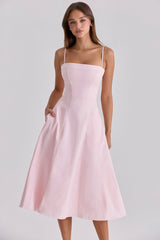 pink sateen cotton flared midi sundress