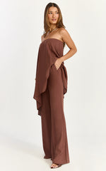 Bella Two Piece Top and Pants Set - Long Line Assym Top And Wide Leg Pants Set in Chocolate