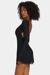 Embellished Open-Back A-Line Mini Dress in Black