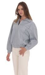 Faux Leather Bomber in Ash Blue