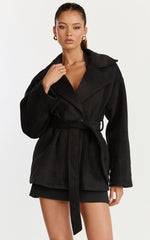 Dahlia Coat - Single Breasted Belted Short Wool Like Coat in Black