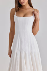 white pleated cotton godet midi dress