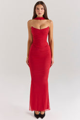 holly red mesh maxi skirt with fluted hem